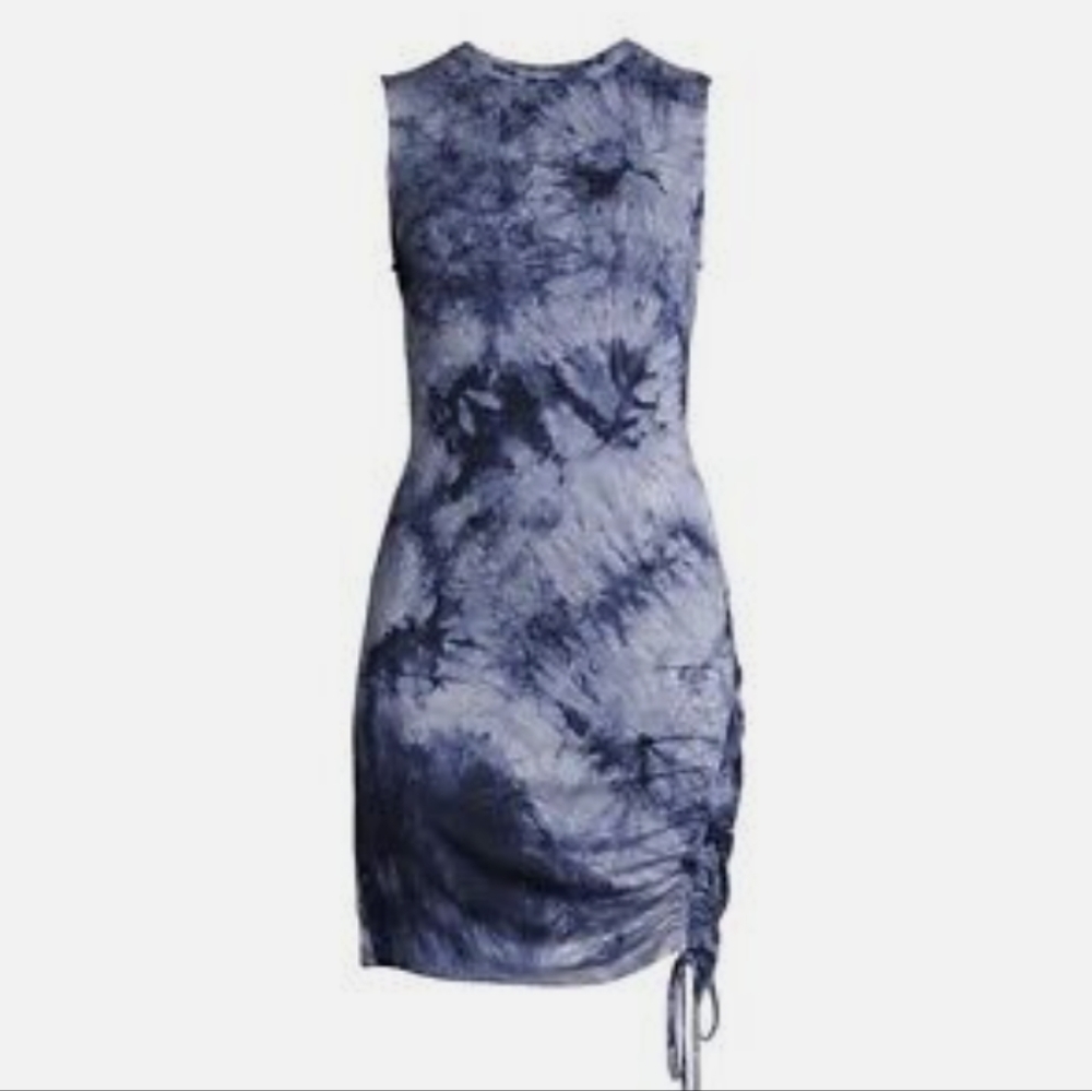 Tie Dye Tank Dress, Como Blu Small, Drawstring, Ruched, Sleeveless, Midi Sheath